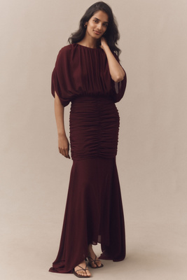 Ronny Kobo Louisa Ruched Chiffon Maxi Dress In Brown