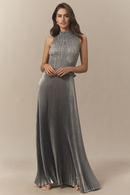 L'idée Bowery Liquid Shimmer Strapless Gown In Gray
