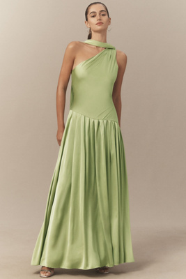Bhldn One-shoulder Scarf-neck Asymmetric Maxi Dress In Green