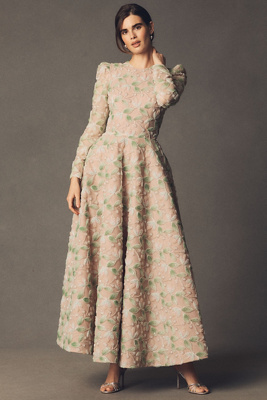 Tessa Long-Sleeve Appliqué A-Line Maxi Dress