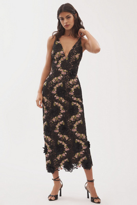 Norah Plunging Dimensional Floral Column Maxi Dress