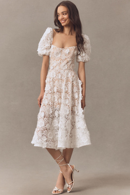green emerald velvet dress Women's White Lace Fit & Flare Midi Dress, Size S