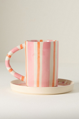 Anthropologie Daily Stripe Stoneware Espresso Cup & Saucer In Pink