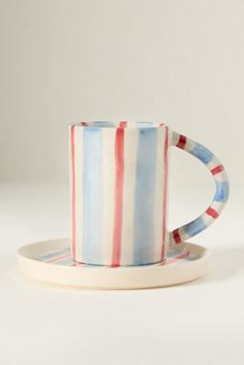 Anthropologie Daily Stripe Stoneware Espresso Cup & Saucer In Blue