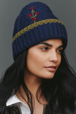 Damson Madder Floral Stitch Cable-knit Wool Beanie In Blue