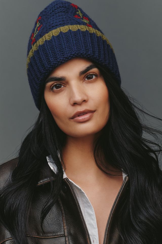 Damson Madder Floral Stitch Cable-Knit Wool Beanie #1