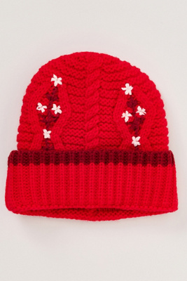 Damson Madder Floral Stitch Cable-knit Wool Beanie In Red