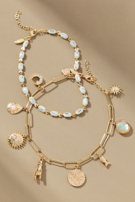 By Anthropologie Beaded Charm Anklets, Set Of 2 In White