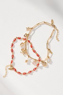 By Anthropologie Beaded Charm Anklets, Set Of 2