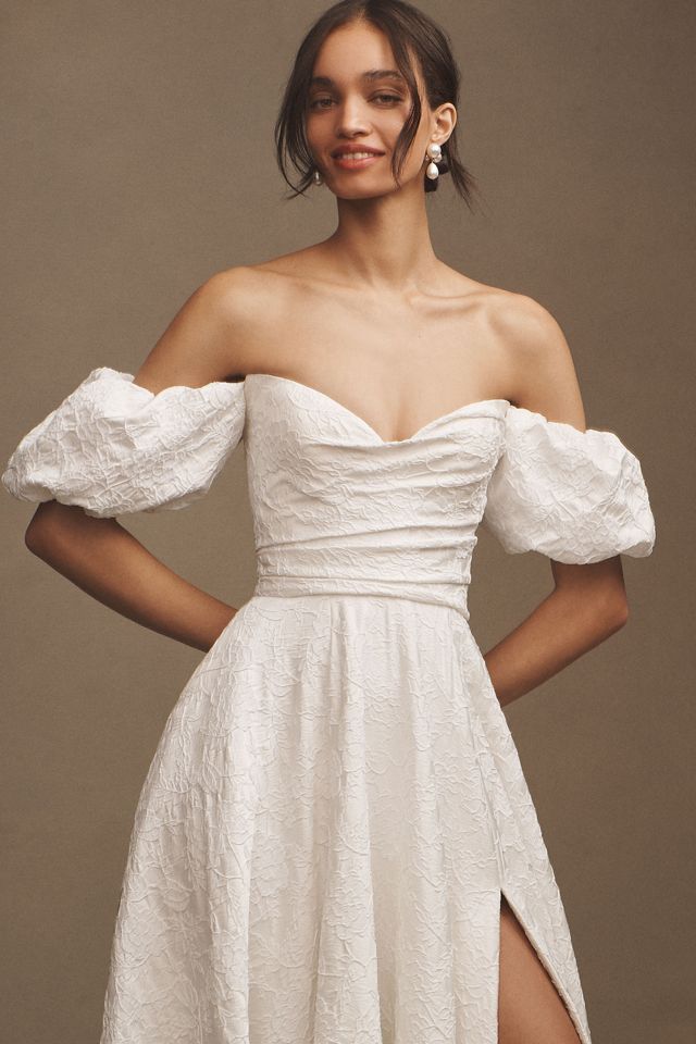 Jenny by Jenny Yoo Beau Floral Jacquard Off-The-Shoulder Sweetheart Puff-Sleeve Wedding Gown