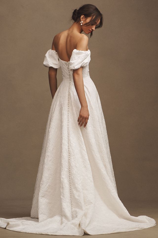 Jenny by Jenny Yoo Beau Floral Jacquard Off-The-Shoulder Sweetheart Puff-Sleeve Wedding Gown