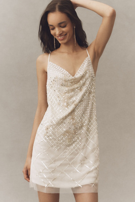 Not So Serious Beaded Cowl-neck Sleeveless Mini Dress In White