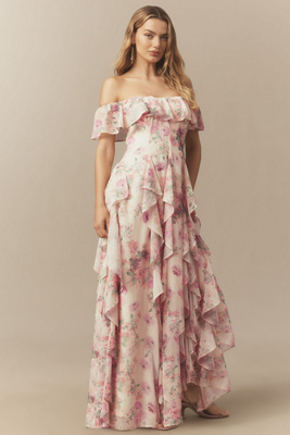 Bhldn Chiffon Scoop-neck Ruffle Maxi Dress In Pink