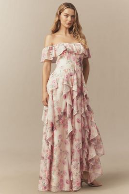 BHLDN Chiffon Scoop-Neck Ruffle Maxi Dress