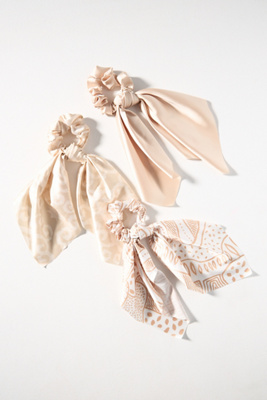 Shop By Anthropologie Assorted Patterned Hair Scarf Scrunchies, Set Of 3 In White