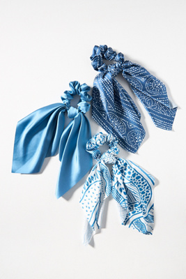 By Anthropologie Assorted Patterned Hair Scarf Scrunchies, Set Of 3 In Blue