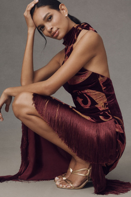 Retroféte Iridessa Halter Velvet Fringe-hem Maxi Dress In Red