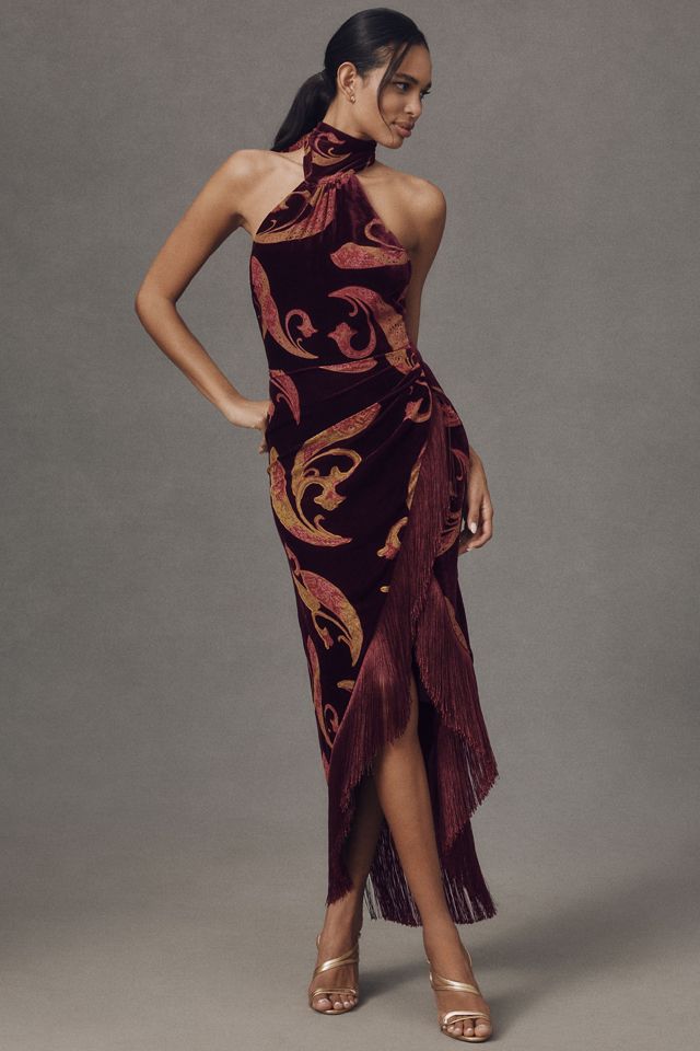 Retrofete Iridessa Halter Velvet Fringe-Hem Maxi Dress #1