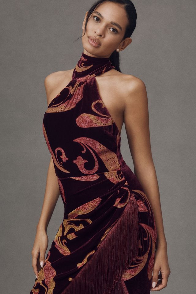 Retrofete Iridessa Halter Velvet Fringe-Hem Maxi Dress #3