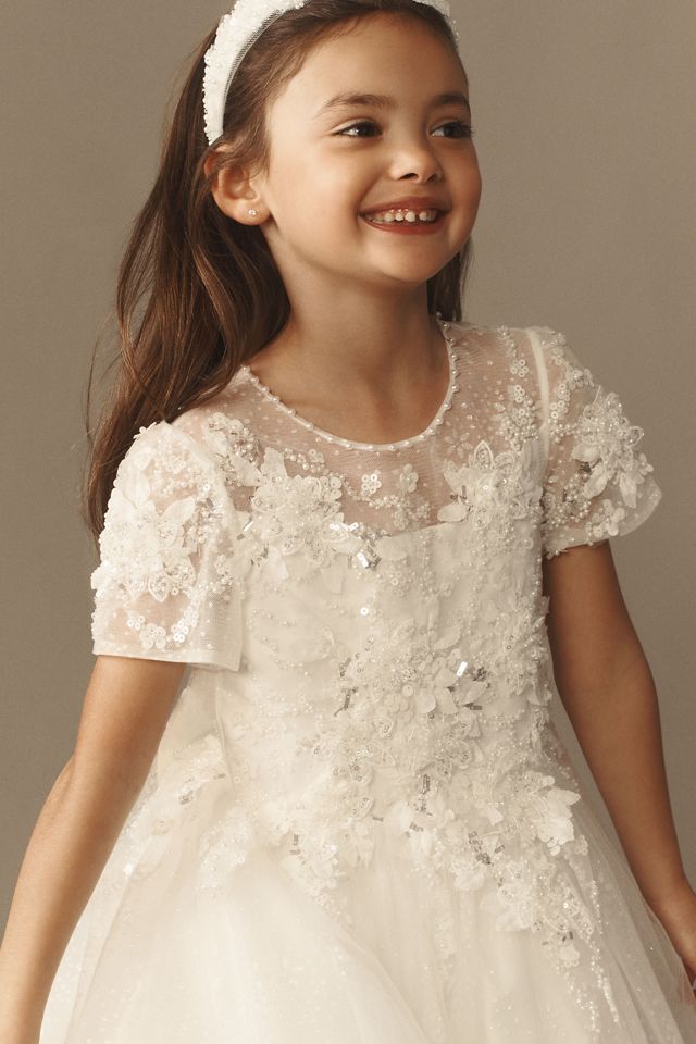 Princess Daliana Olivia French Lace Crystal Bloom Embroidered Flower Girl Dress #1