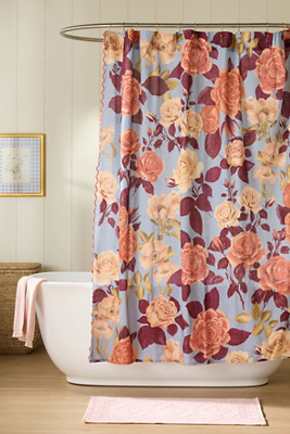 Anthropologie Maeve Roses Embroidered Printed Floral Organic Cotton Shower Curtain In Gray