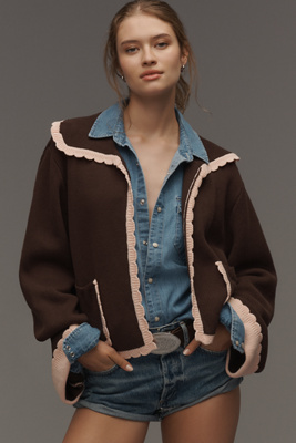 Frnch X Anthropologie Scallop-collar Cardigan Sweater In Brown