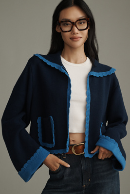 Frnch X Anthropologie Scallop-collar Cardigan Sweater In Blue