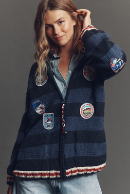 Frantic Dolomites Striped Patches Cardigan Sweater In Blue