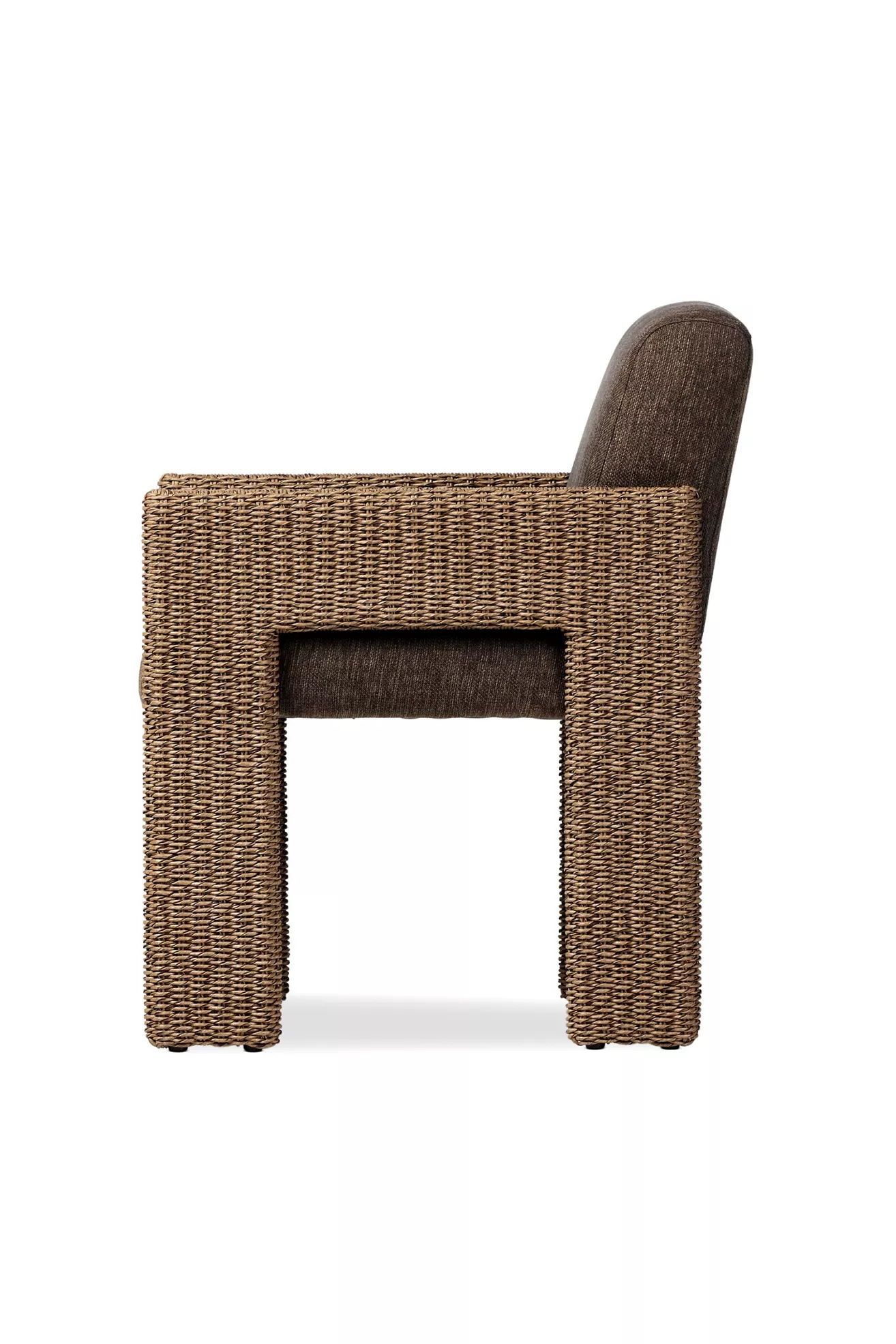Profile view of the woven outdoor dining chair