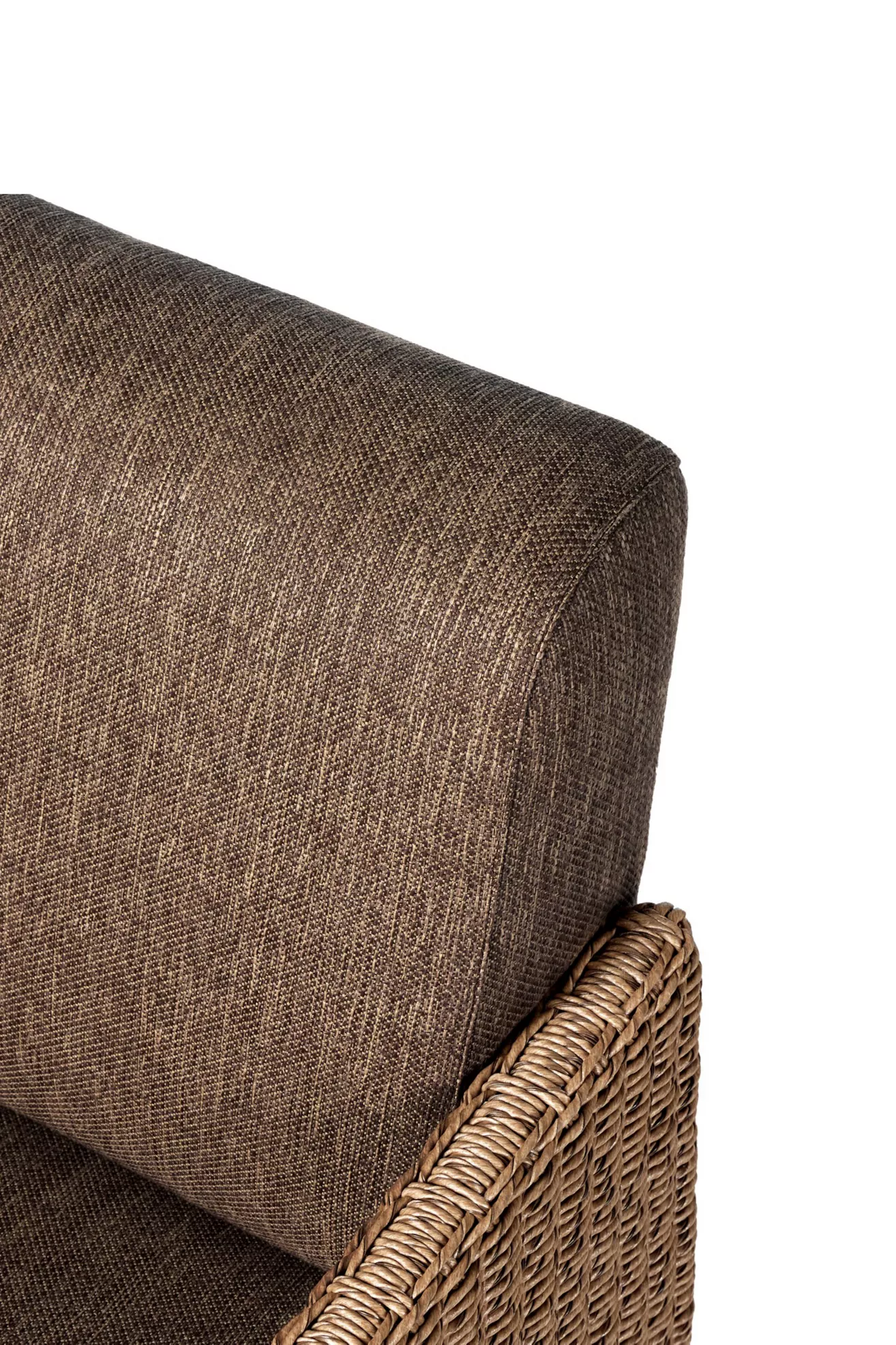 Close-up of woven arm of chair showing brown woven upholstery