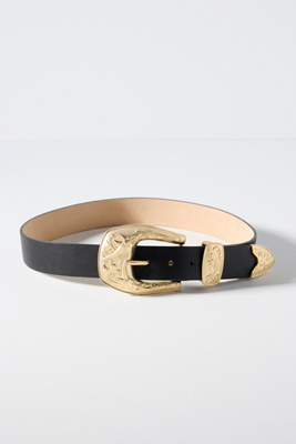 Anthropologie Streets Ahead Tan Leather Belt Silver-Tone Buckle and Black Stone Braun Belt - Italian Leather Belt With Silver Western Buckle  main image 4