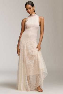 De La Vali Foehn High-neck Lace Maxi Dress In White