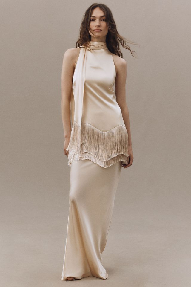De La Vali Khamsin Halter Fringe Silk Satin Maxi Dress #2