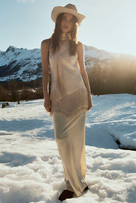 De La Vali Khamsin Halter Fringe Silk Satin Maxi Dress In White