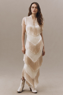 De La Vali Tellus Tiered Fringe Maxi Dress In White