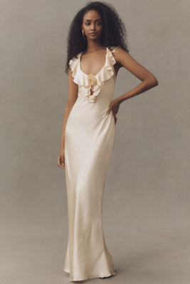 De La Vali Nema Ruffle Rosette Silk Satin Maxi Dress In White