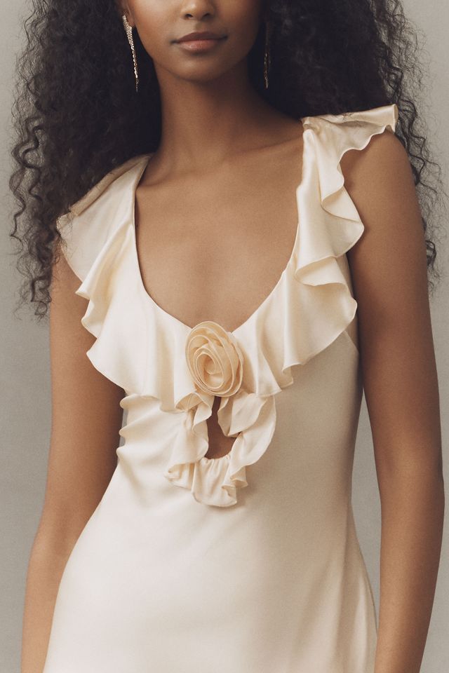 De La Vali Nema Ruffle Rosette Silk Satin Maxi Dress #2