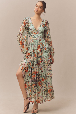 bhldn flutter-sleeve v-neck floral chiffon a-line maxi dress BHLDN Flutter-Sleeve V-Neck Floral Chiffon A-Line Maxi Dress