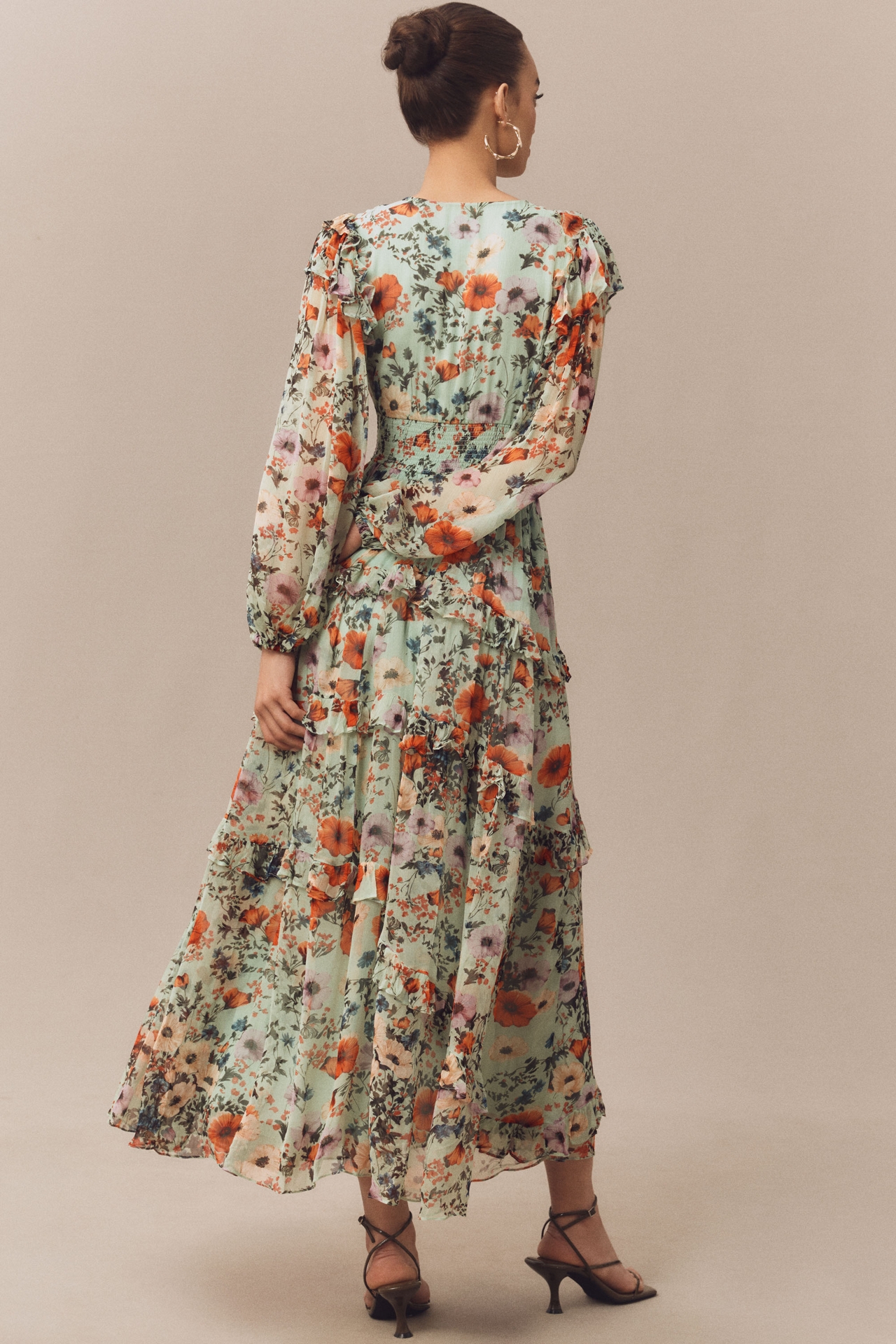 BHLDN Floral Chiffon Plunge Long-Sleeve Ruffle Maxi Dress