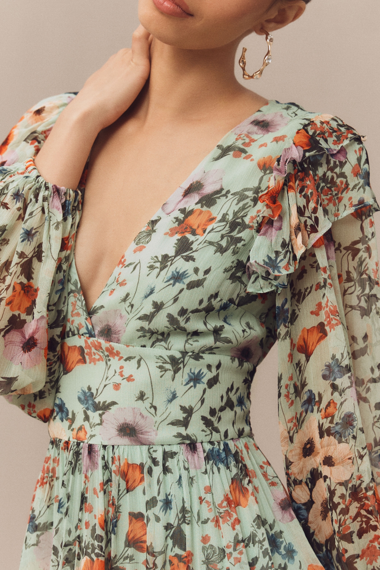 BHLDN Floral Chiffon Plunge Long-Sleeve Ruffle Maxi Dress