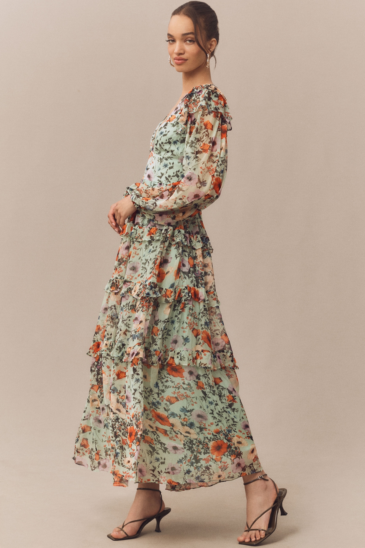 BHLDN Floral Chiffon Plunge Long-Sleeve Ruffle Maxi Dress