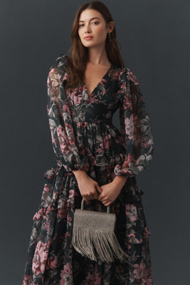 Bhldn Floral Chiffon Plunge Long-sleeve Ruffle Maxi Dress In Black