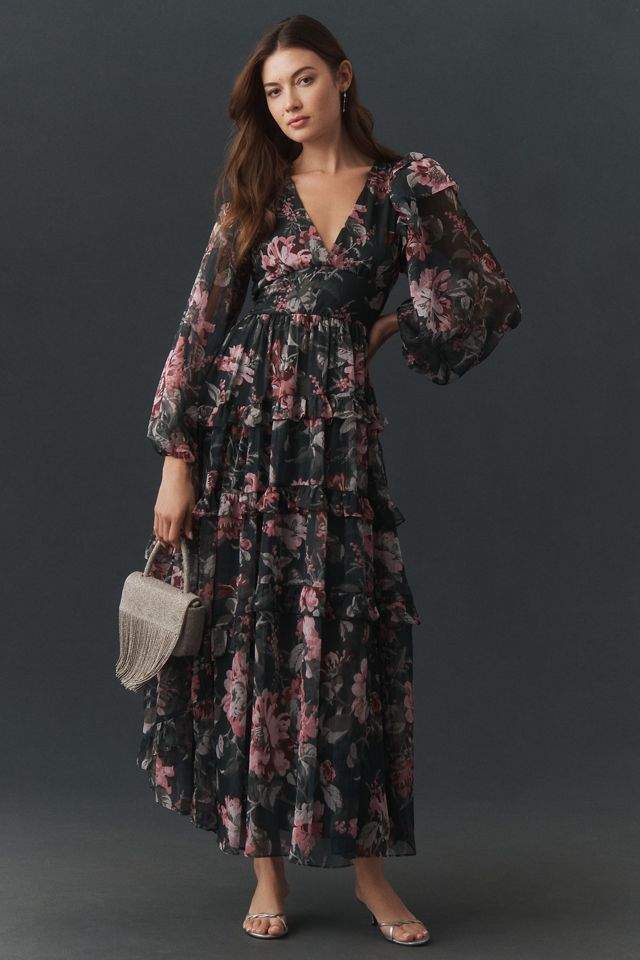 BHLDN Floral Chiffon Plunge Long-Sleeve Ruffle Maxi Dress #2