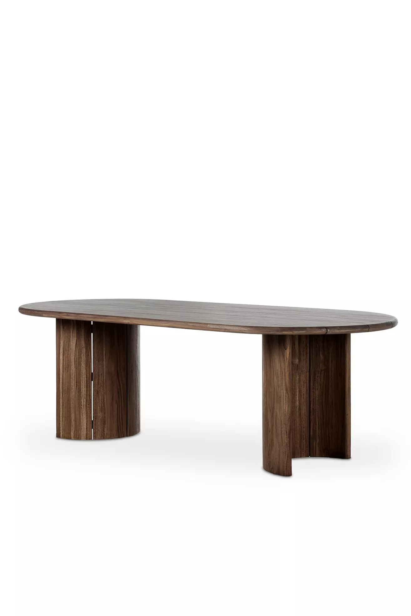 Side view of oval teak outdoor dining table showing leg base