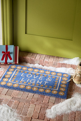 Anthropologie Love & Light Printed Coir Doormat In Blue