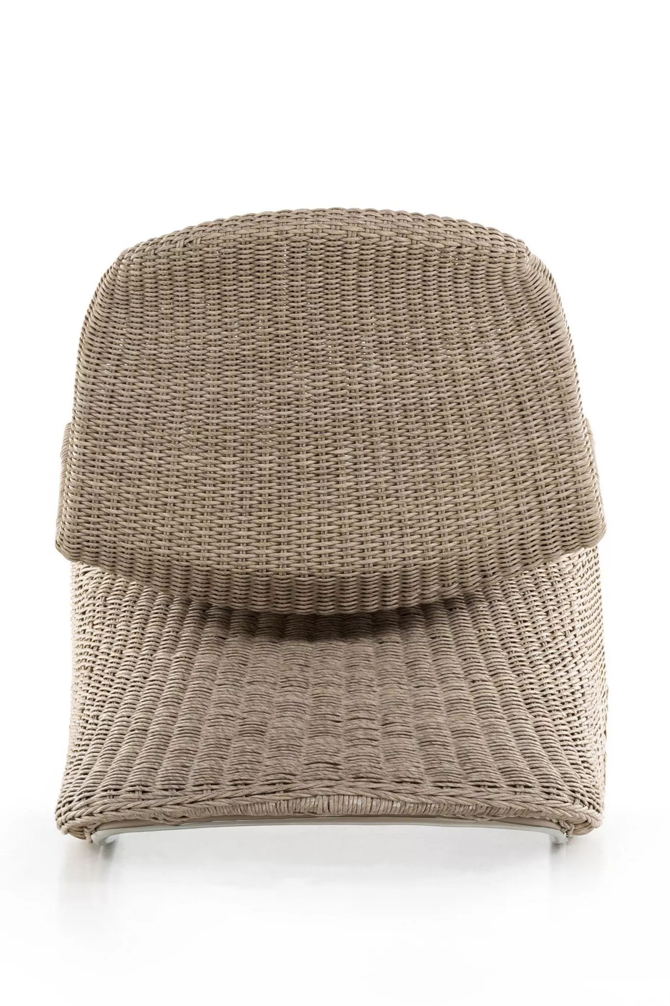 Front view of wicker chair with curved hooded back