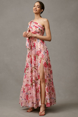 Mac Duggal Ieena For  One-shoulder Cutout Floral Maxi Dress