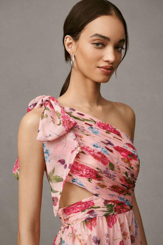 Ieena for Mac Duggal One-Shoulder Cutout Floral Maxi Dress