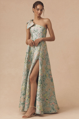 Shop Mac Duggal One-shoulder Bow Floral Brocade A-line Maxi Dress