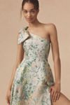 Mac Duggal One-Shoulder Bow Floral Brocade A-Line Maxi Dress